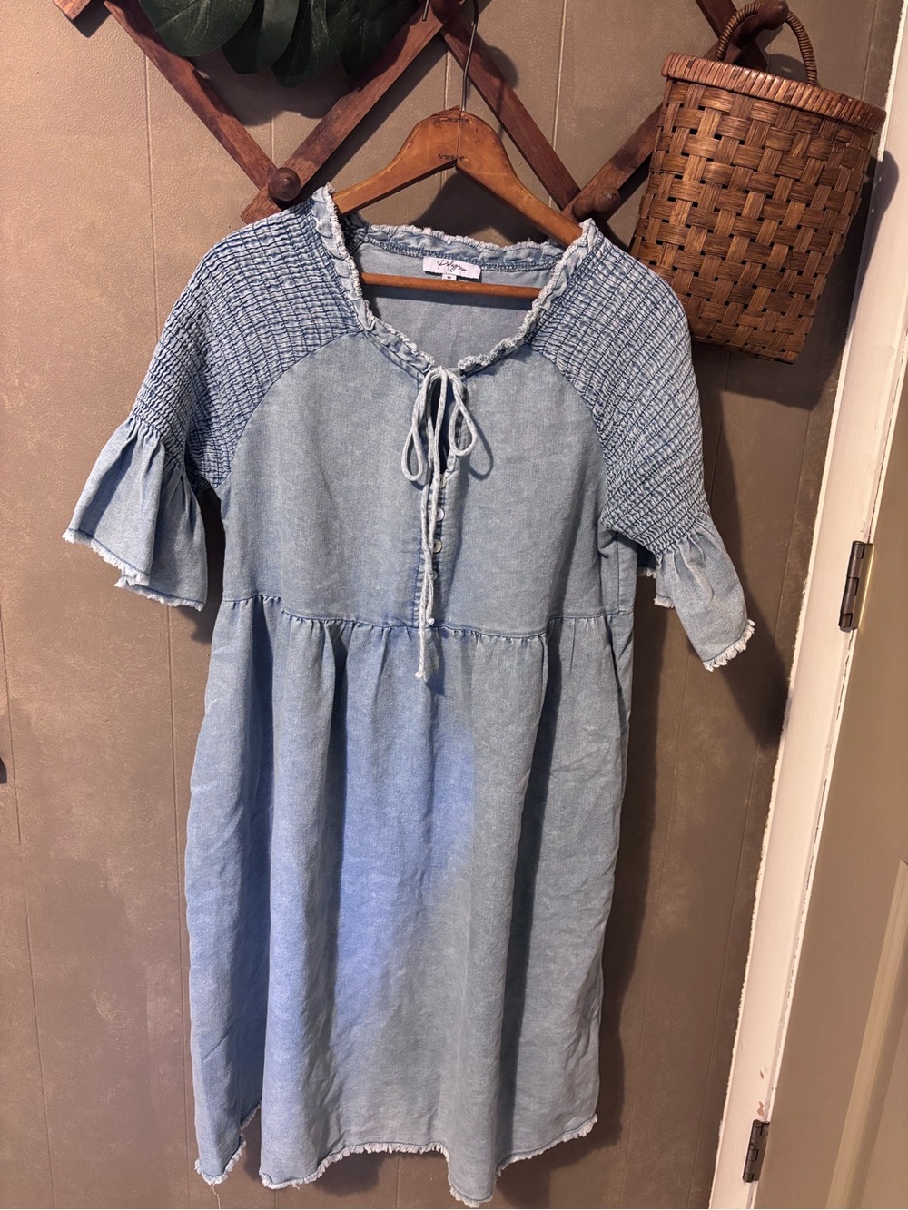 Polagram Light Wash Denim Tie-Neck Top